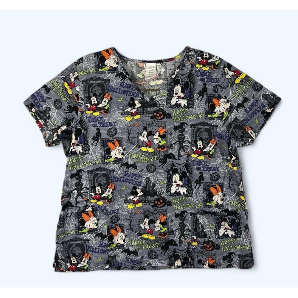 DISNEY Mickey & Minnie Mouse Halloween SCRUBS TOP Haunted Mansion Gray 2X